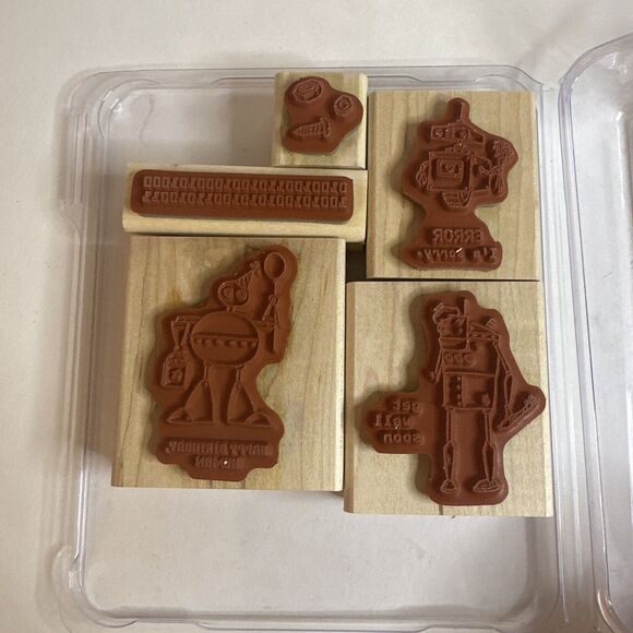 Stampin Up LOTS OF BOTS Wood Stamp Set of 5 Robots Happy Birthday Get Well Soon - Picture 4 of 4